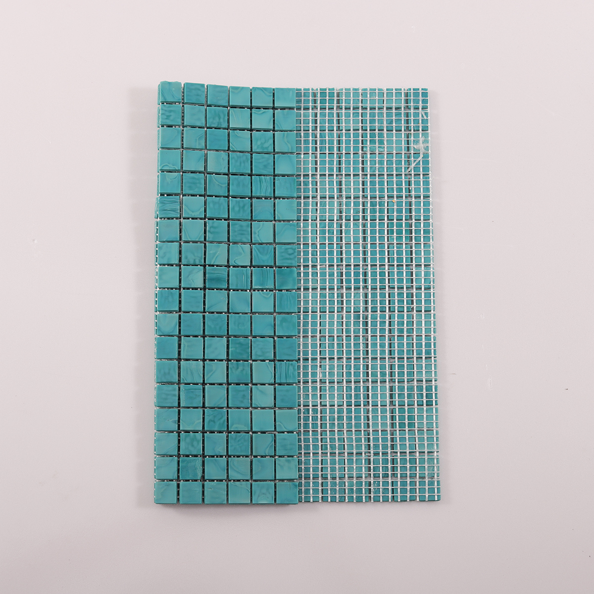 Light Blue Square Glass Mosaic Pool Tile, back side with fold visible