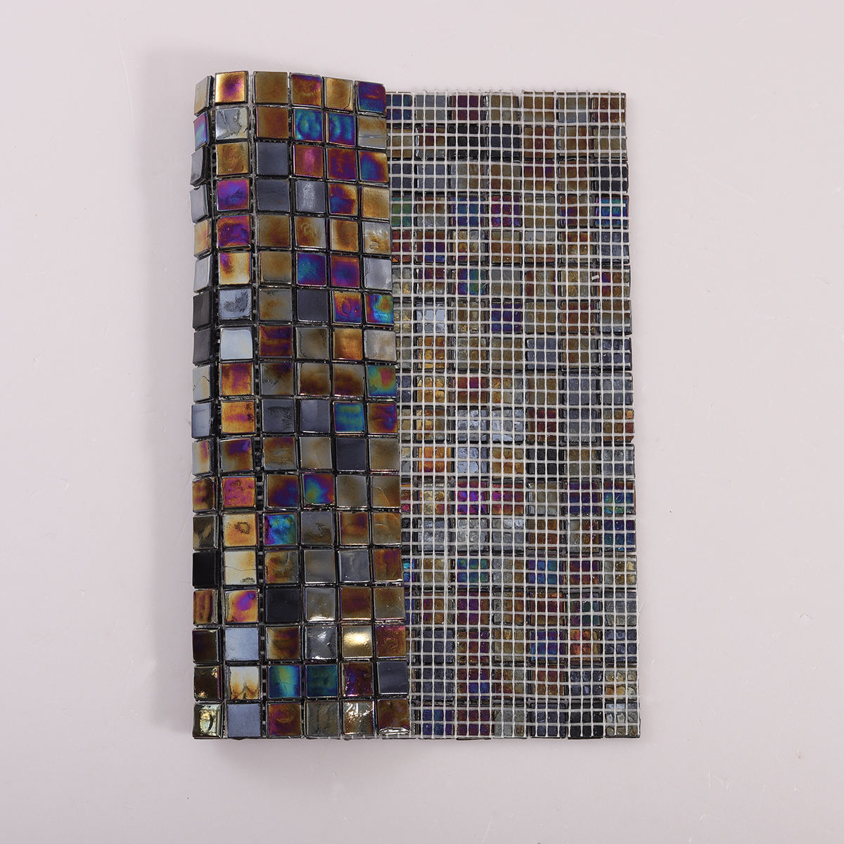 Black Iridescent Square Mosaic Tile, back side with fold visible