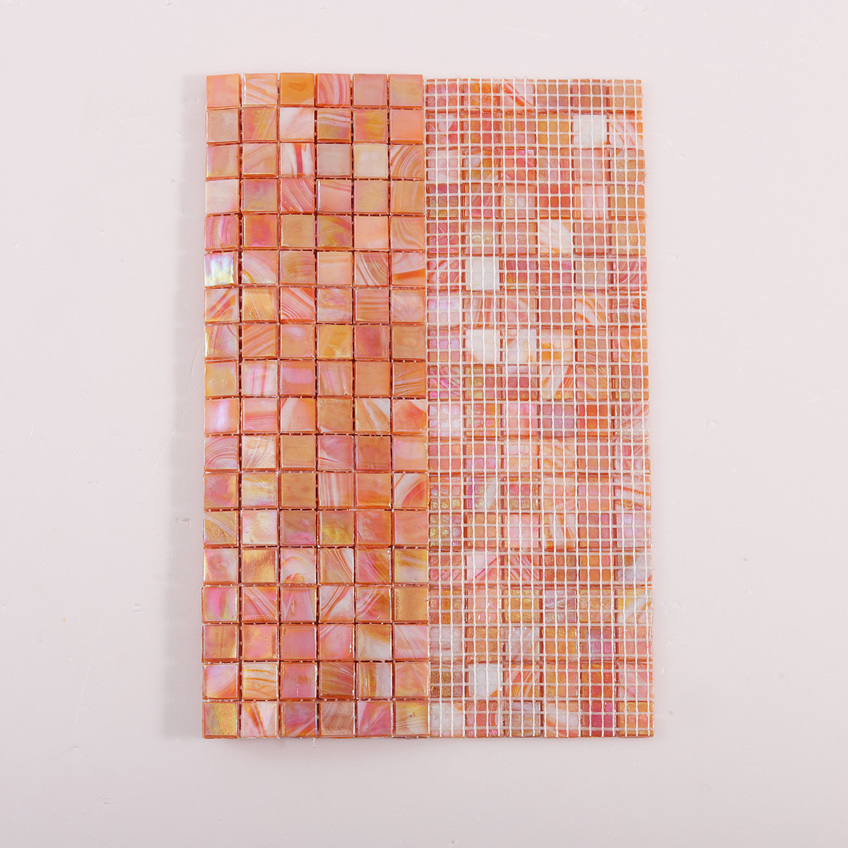 Burnt Orange Iridescent Glass Mosaic Tile, back side with fold visible