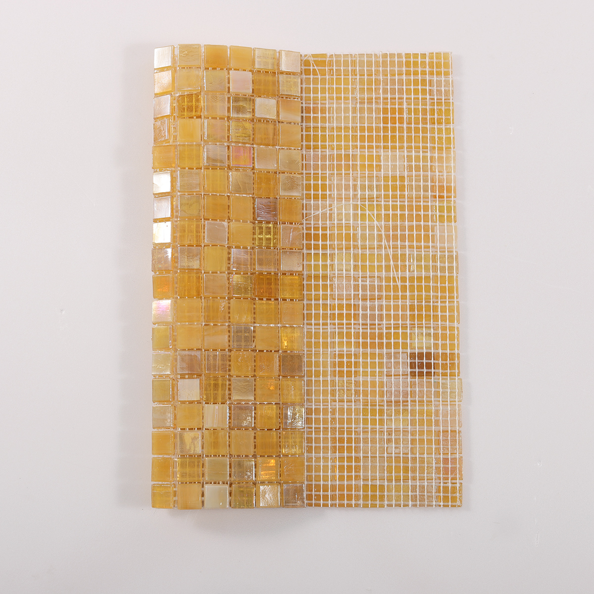 Glimmer Translucent Yellow Square Glass Mosaic Tiles, back side with fold visible