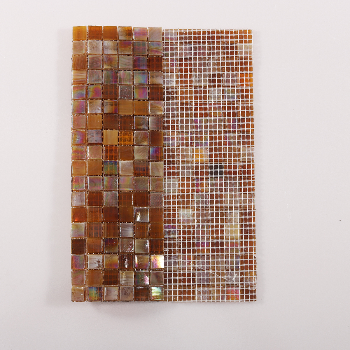 Iridescent Light Brown Glass Mosaic Tile, back side with fold visible