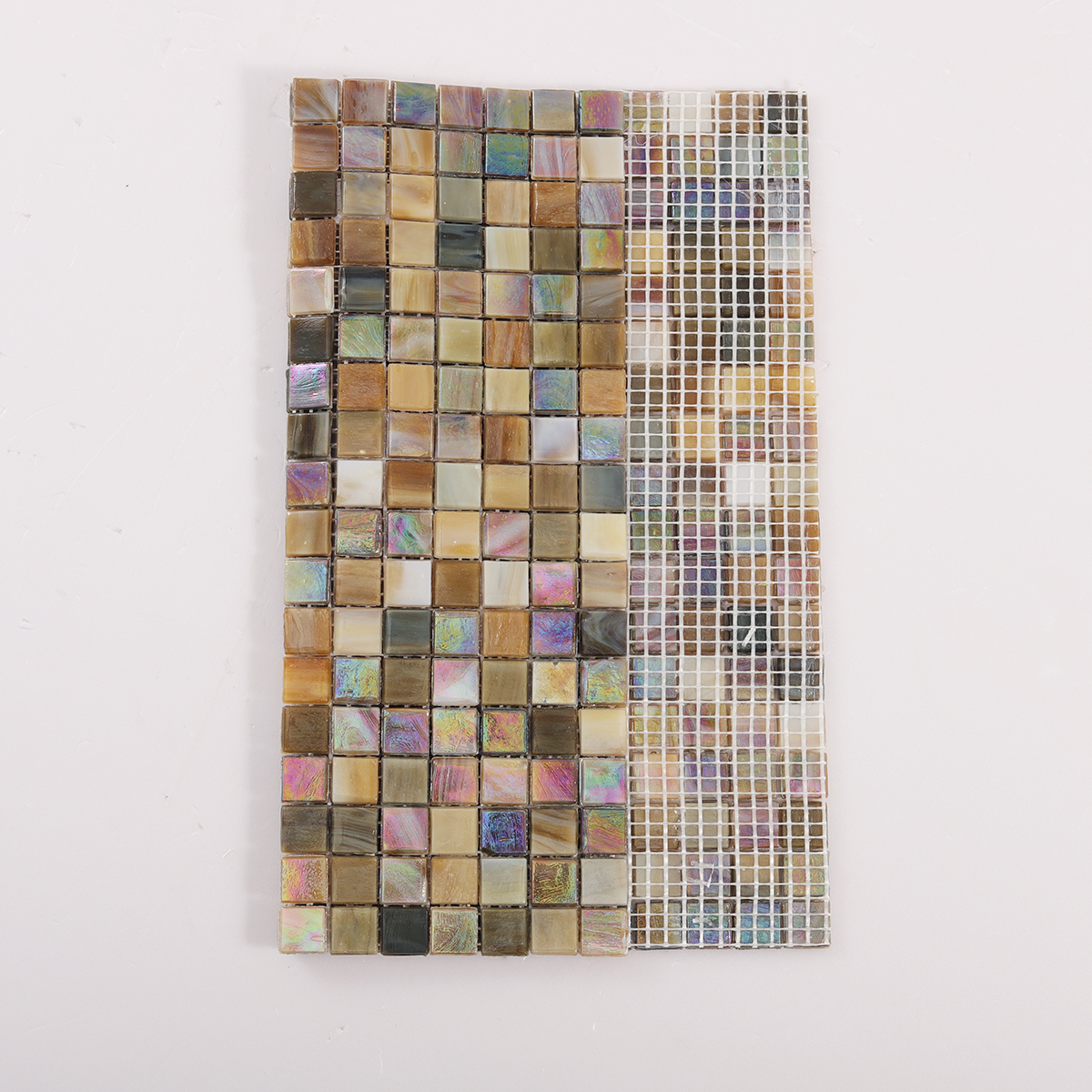 Iridescent Brown Square Glass Mosaic Wall Tile, back side with fold visible