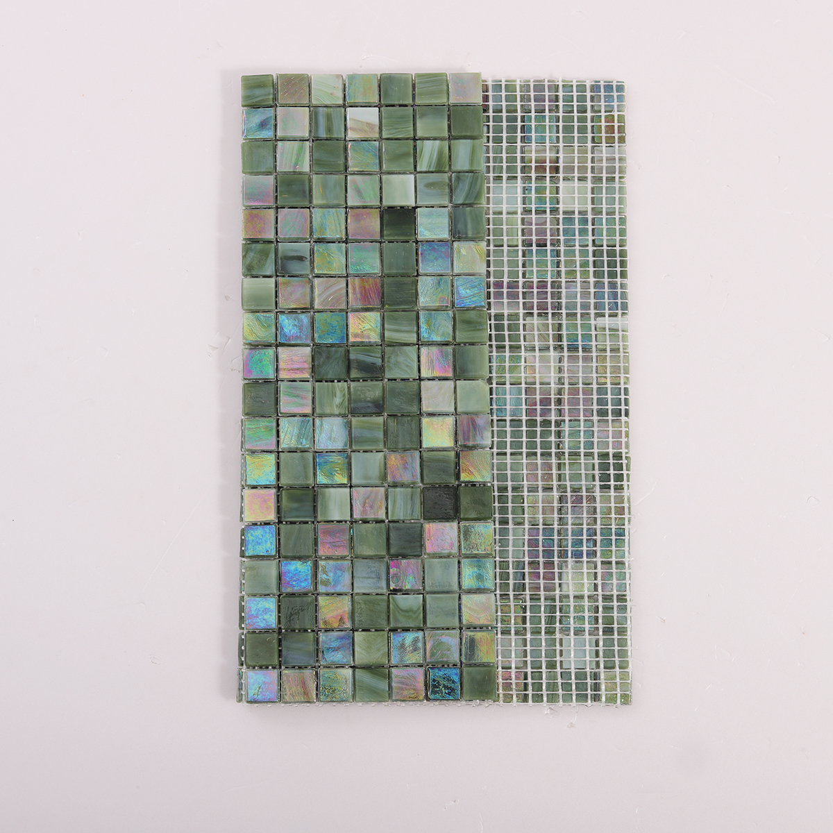 Green Square Glass Mosaic Tiles, back side with fold visible