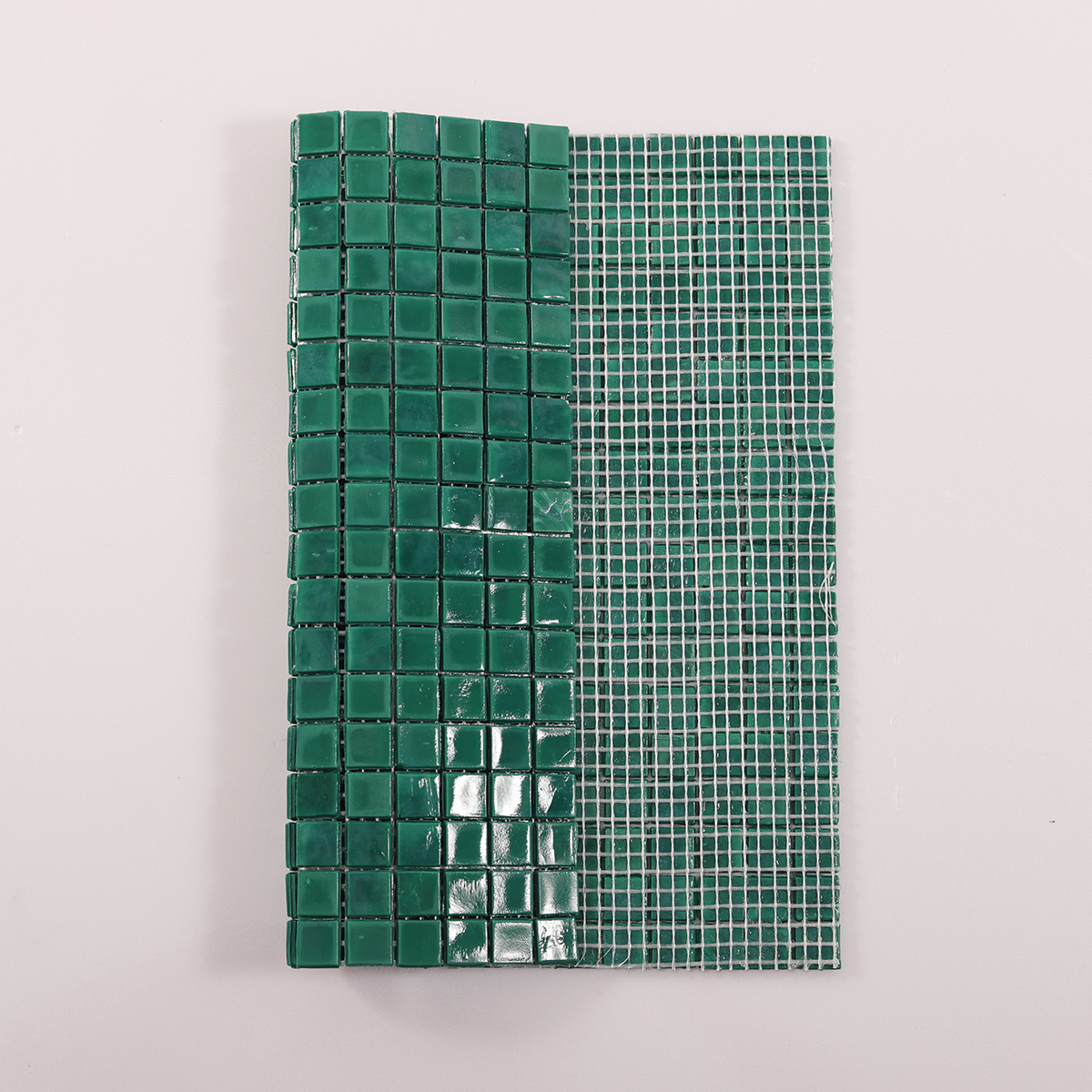 Dark Green Uniform Square Glass Mosaic Bathroom Tiles, back side with fold visible