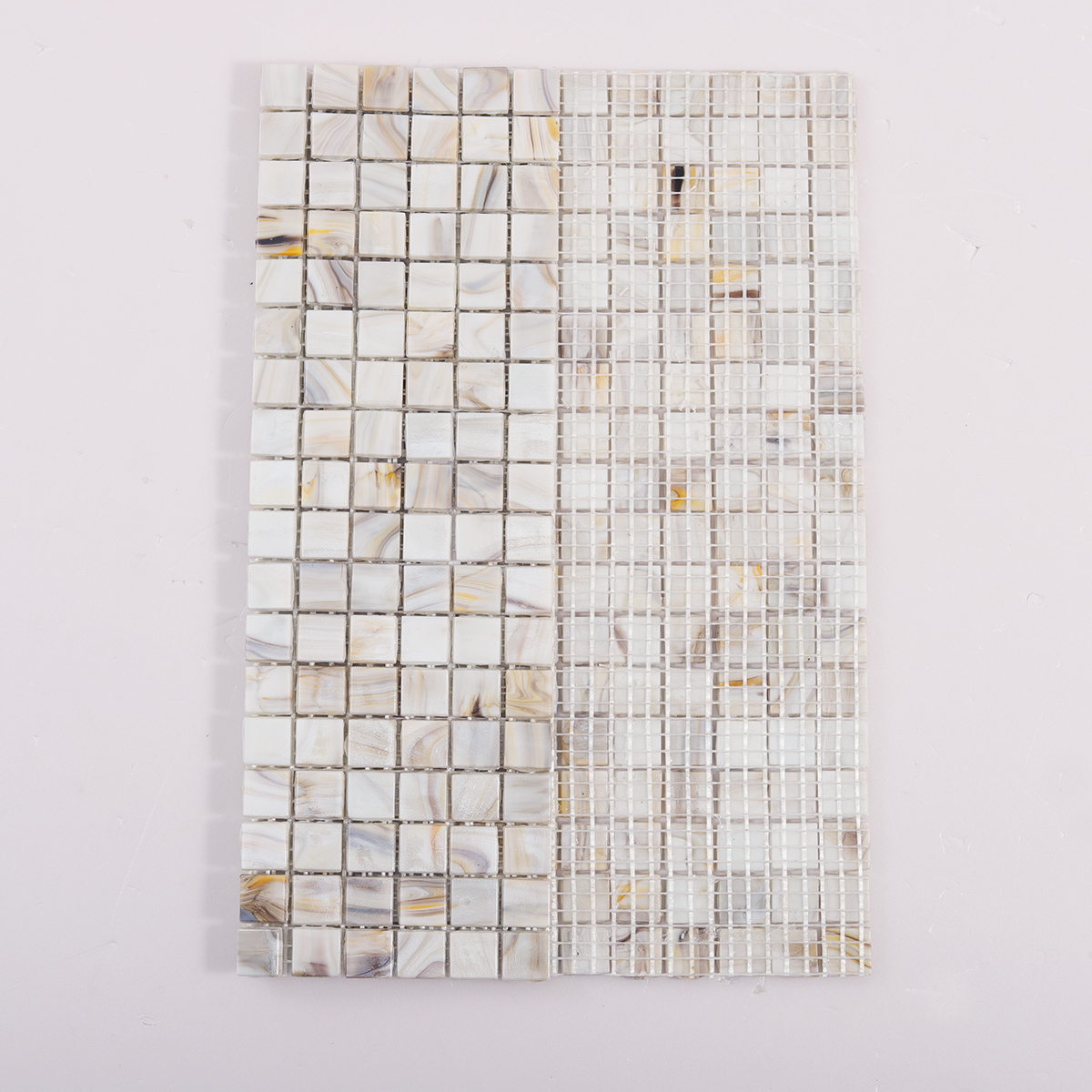 Glass Square Mosaic Gray Beige Tile, back side with fold visible