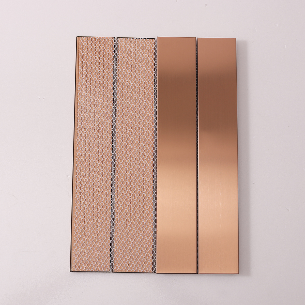 Rose Gold Copper Metallic Vertical Mosaic Tile, back side with fold visible