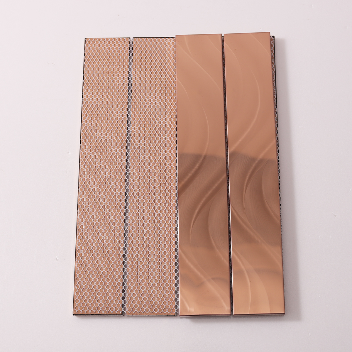 Mirror Copper Metal Rectangular Mosaic Tiles, back side with fold visible