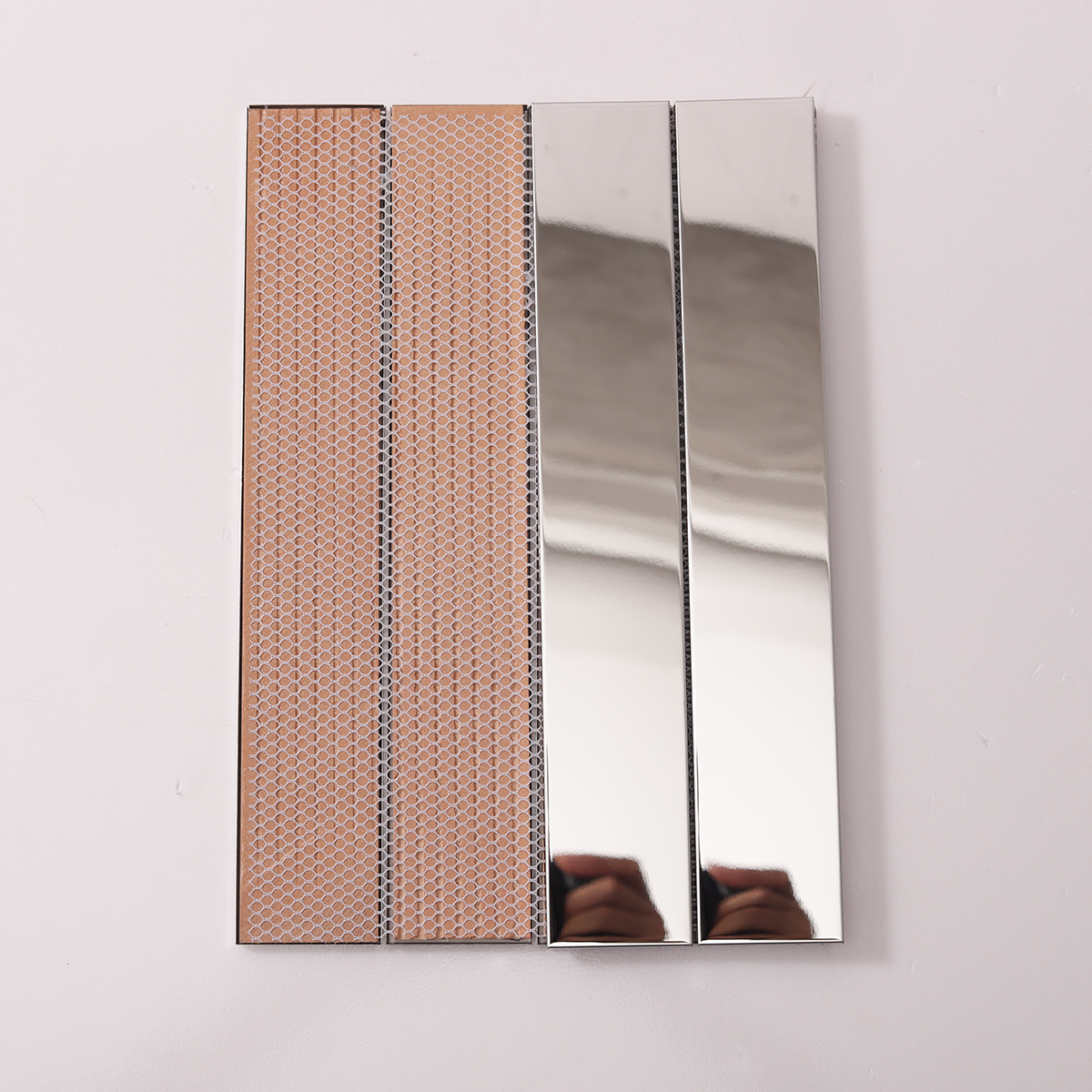 Mirrored Rectangle Strip Metal Silver Mosaic Tiles, back side with fold visible