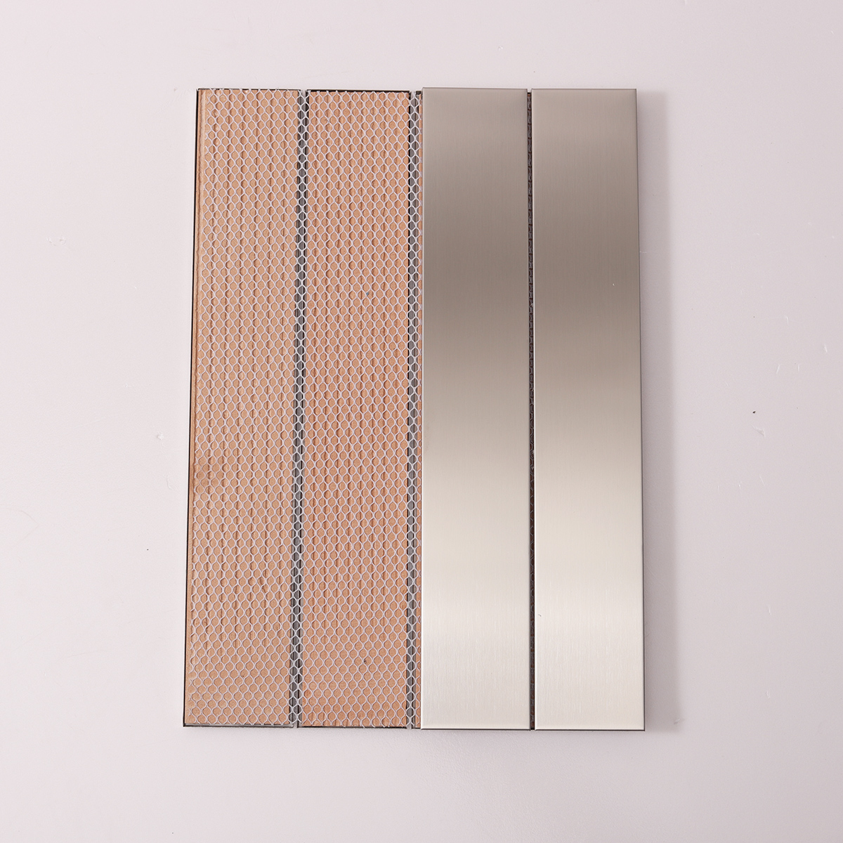 Stacked Brick Silver Brushed Stainless Steel Mosaic Tile, back side with fold visible