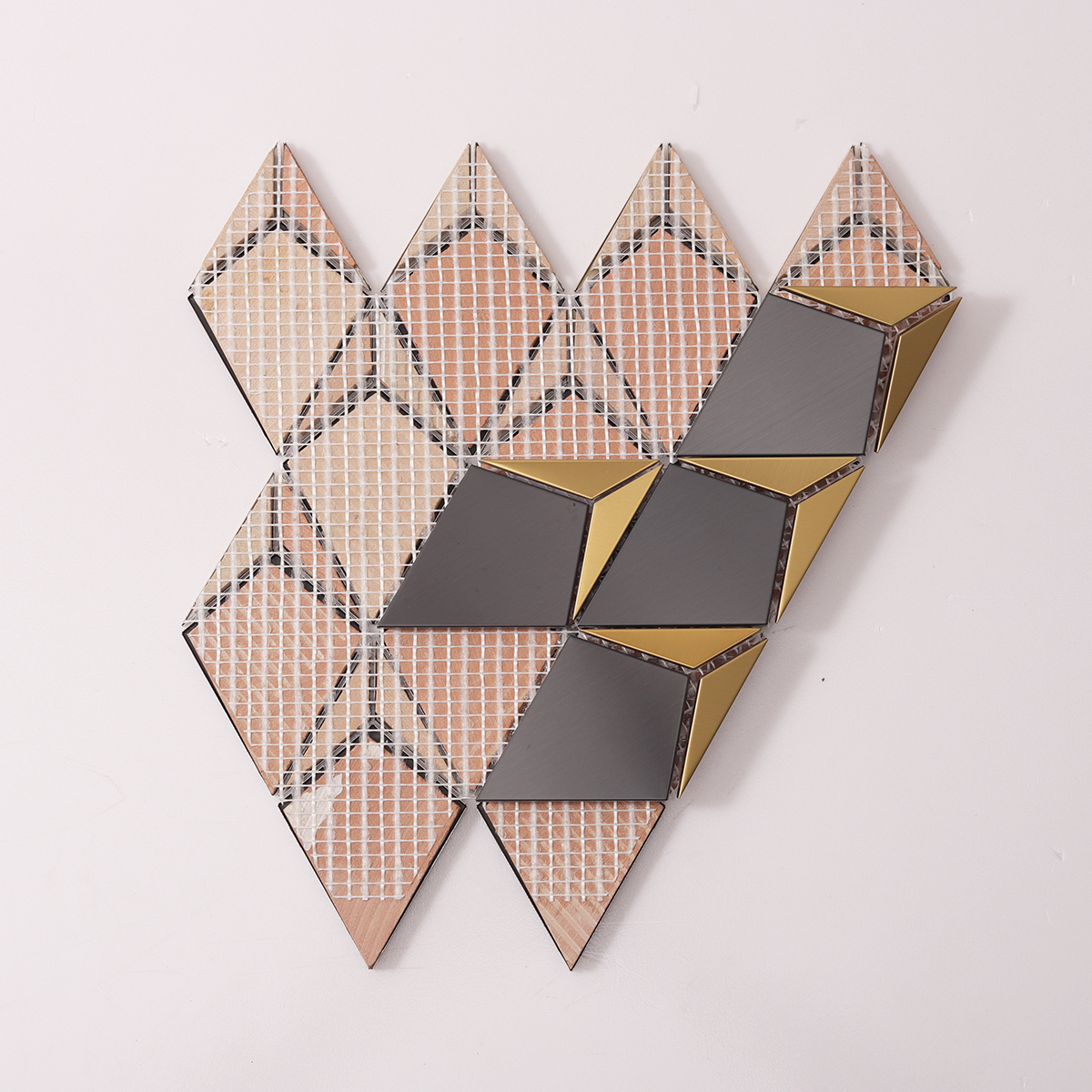 Black and Gold Diamond Metal Mosaic Tile, back side with fold visible