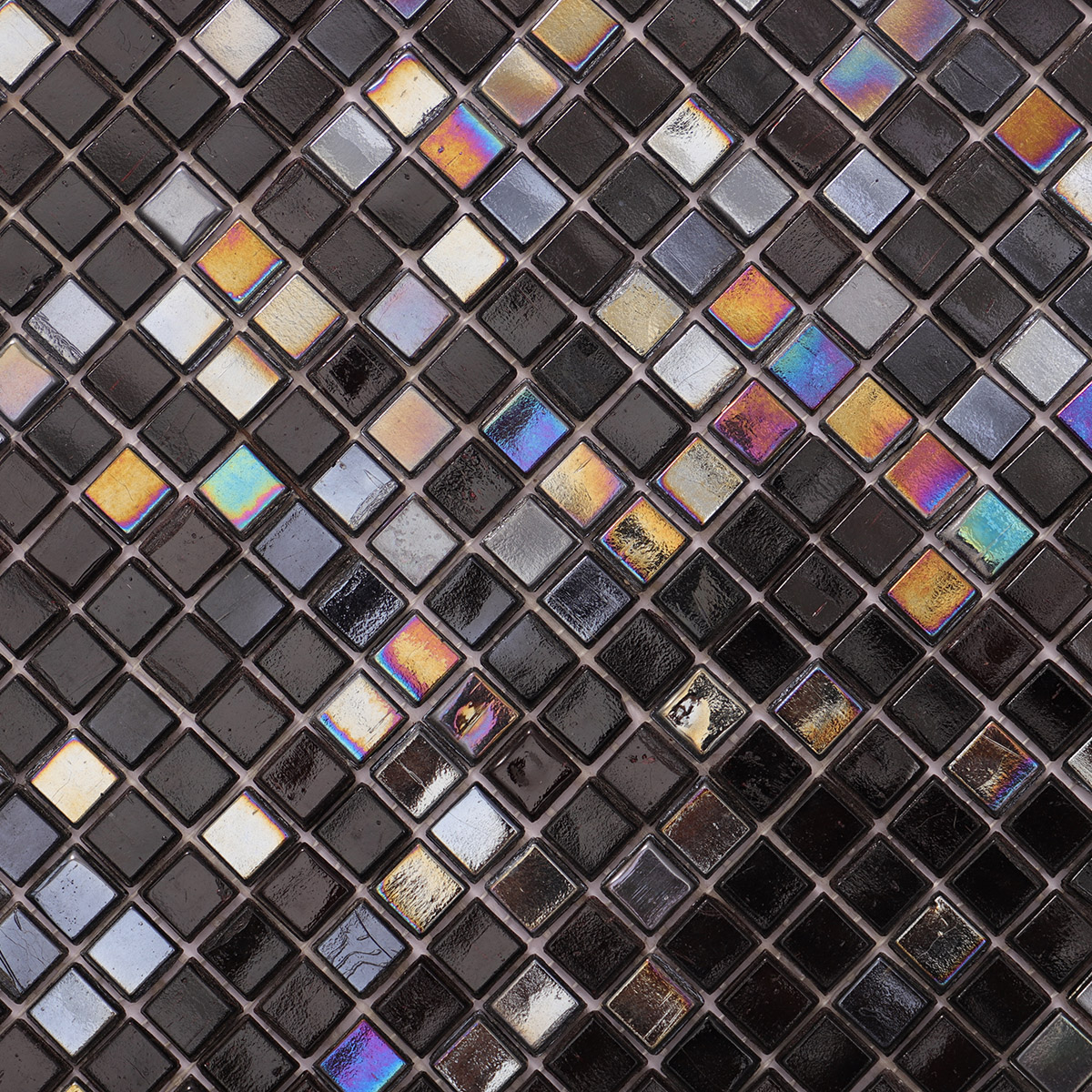  Detailed view of Mini Black Square Iridescent Glass Mosaic Tiles, showing shimmering surface