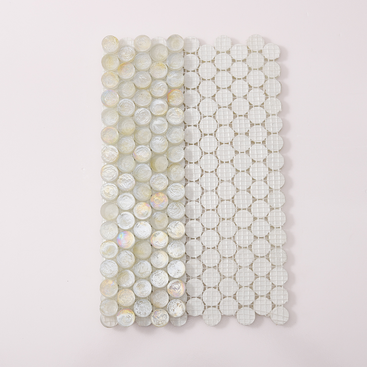 White Iridescent Penny Round Glass Mosaic Tile, back side with fold visible