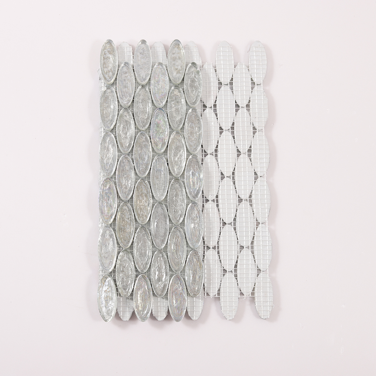 Oval Silver Iridescent Glass Mosaic Tiles, back side with fold visible, durable construction