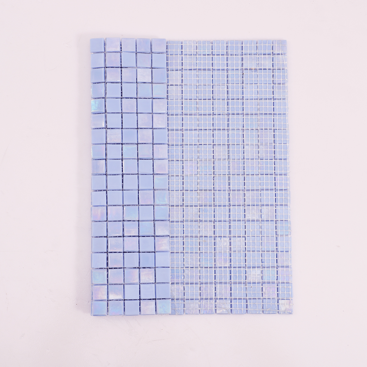 Ocean Blue Iridescent Glass Mosaic Pool Tile, back side with fold visible, durable and sturdy