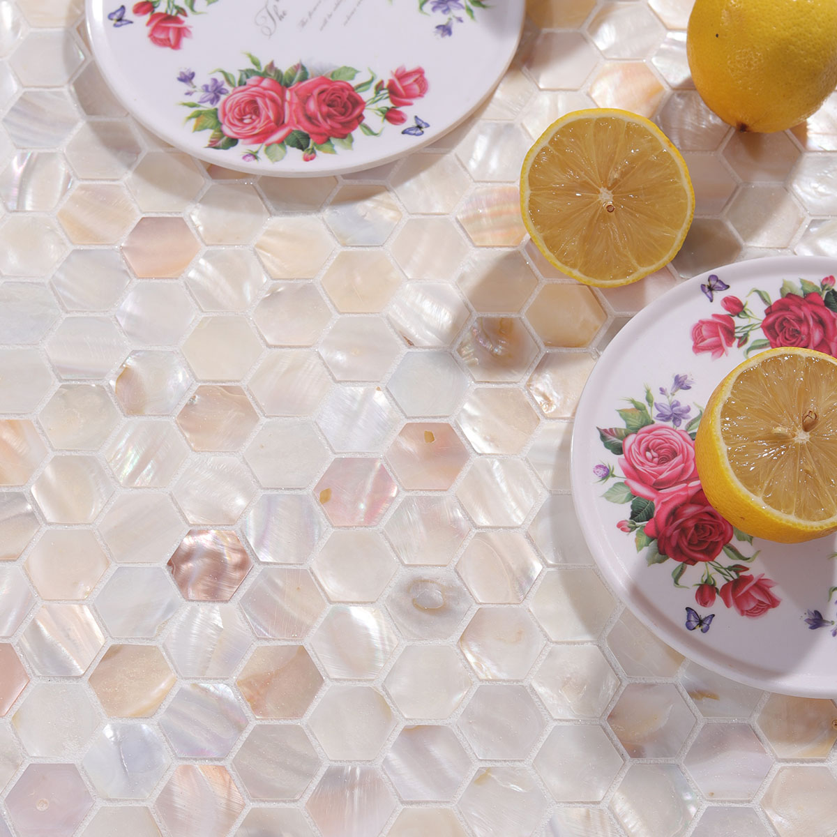 Close-up of Natural Mother of Pearl Hexagon Mosaic Tiles, highlighting smooth 