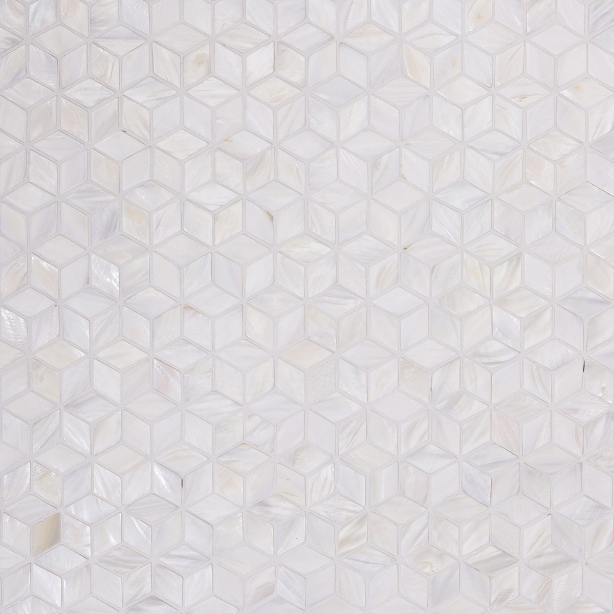Front view of white diamond mother of pearl mosaic tiles.