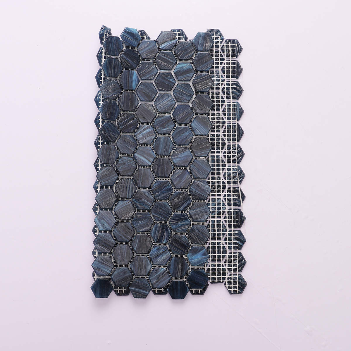 Navy Blue Hexagon Glass Mosaic Tile, back side with mesh connection visible