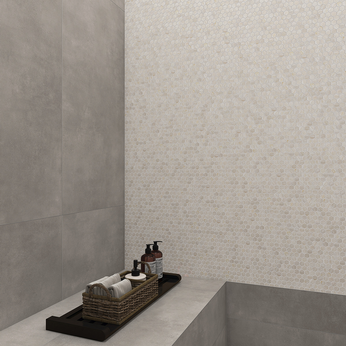 Hexagon Beige Glass Mosaic Wall Tile in the bathroom, sleek and elegant