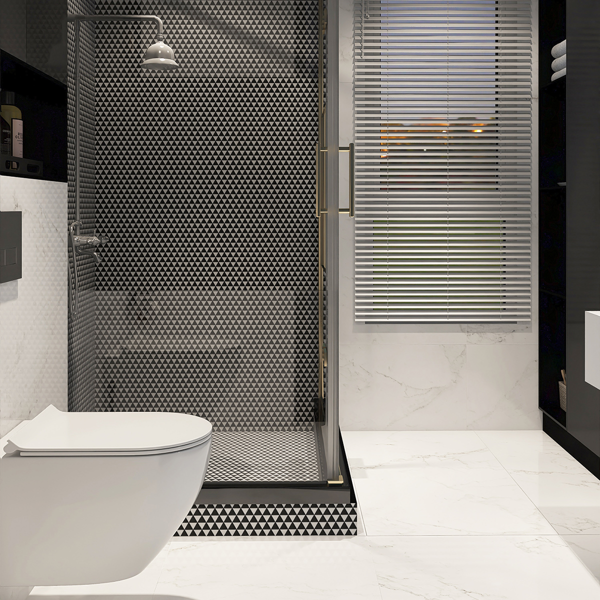 Modern bathroom with Black and White Triangle Glass Mosaic Wall Tile