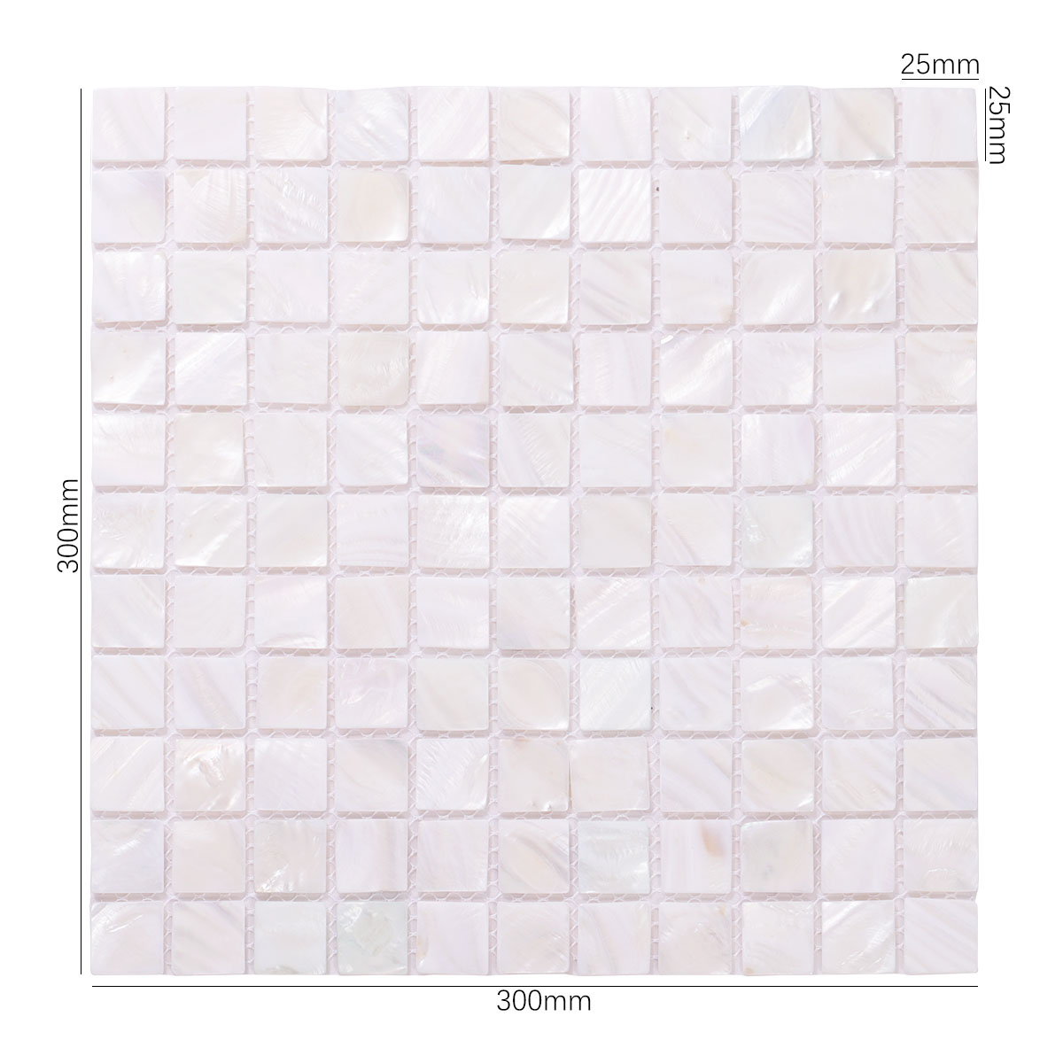 Front View of White Natural Shell Nacre Mosaic Tile with Dimensions