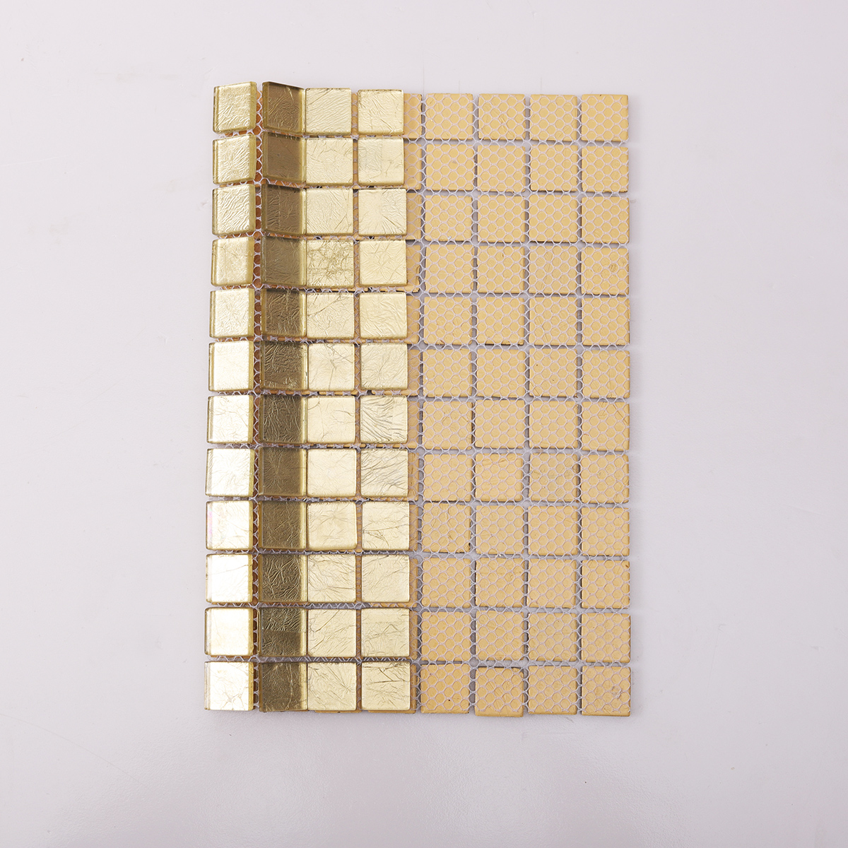 Backside of Glossy Gold Square Glass Mosaic Tile with Mesh Backing