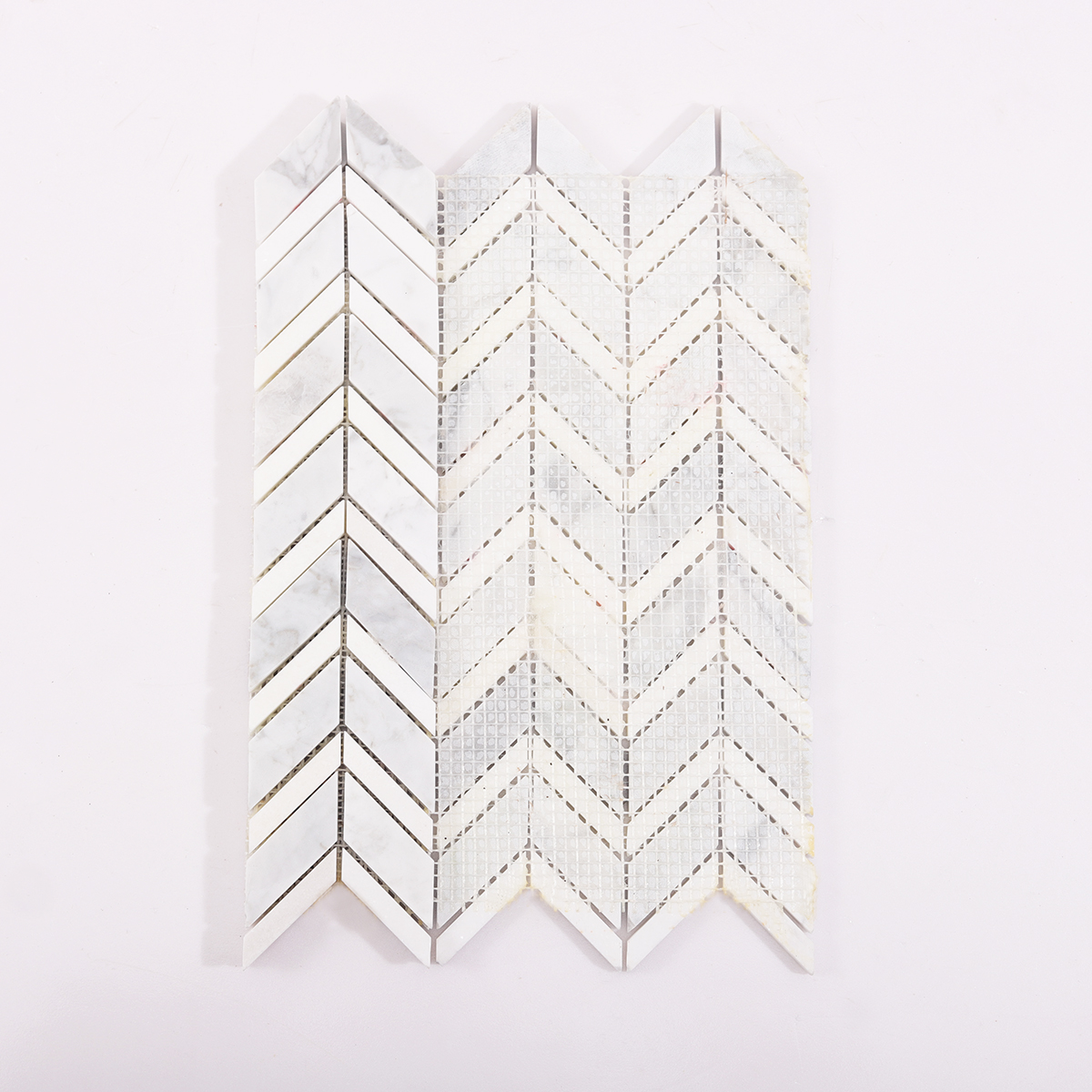 Backside of Carrara White Marble Herringbone Mosaic Tile with Mesh Backing