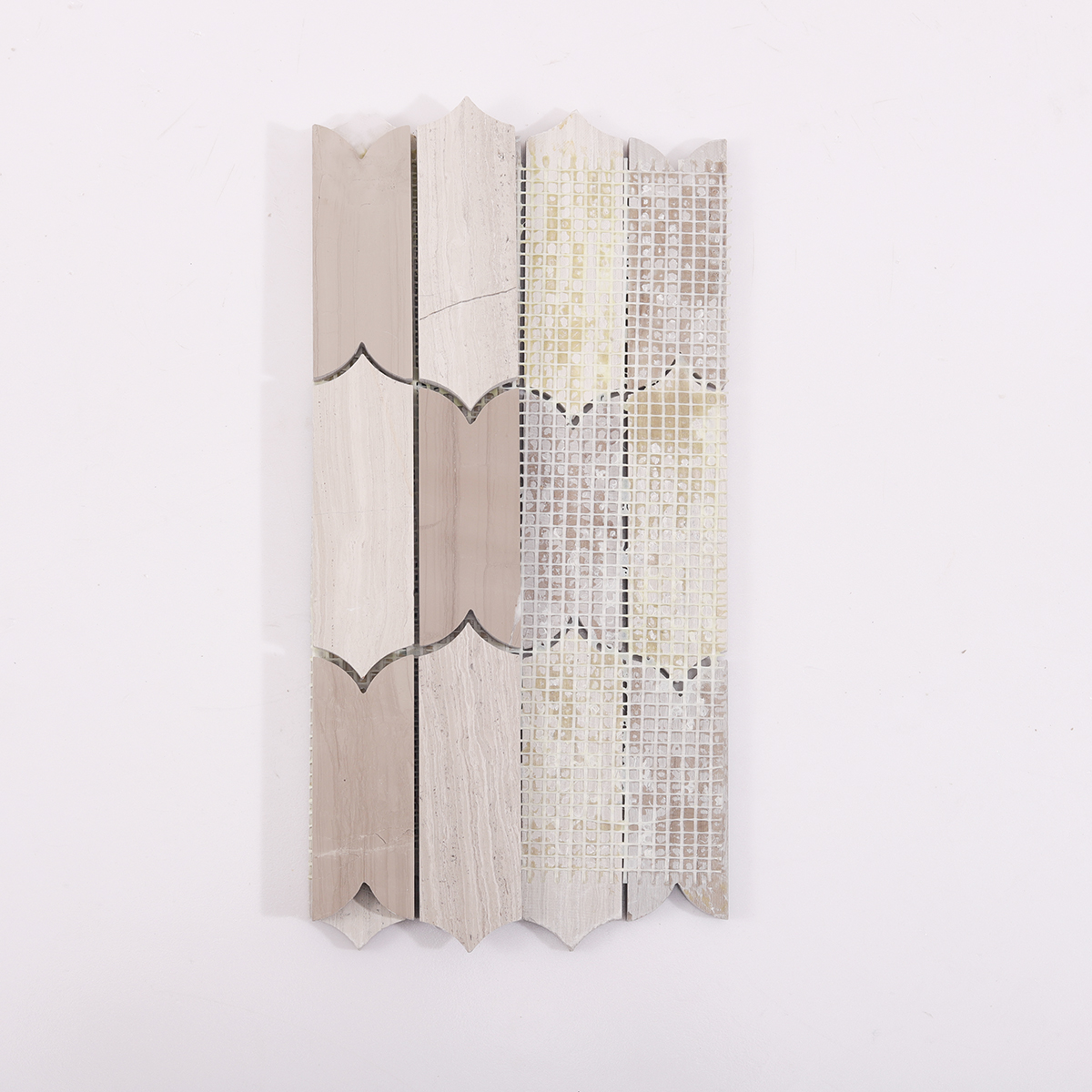 Backside of Limestone Wooden Beige Marble Mosaic Tile with Mesh Backing