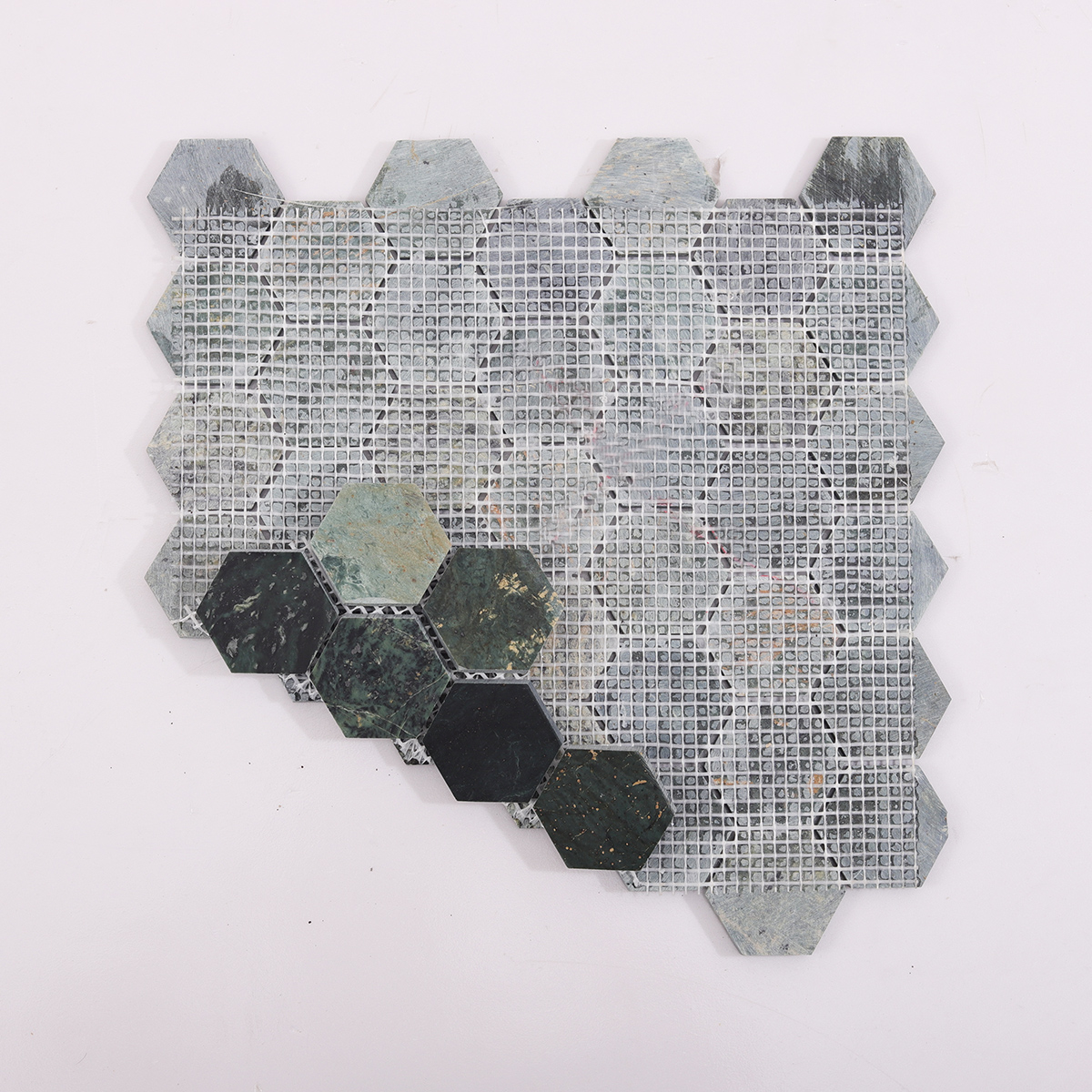 Backside of Indian Green Hexagon Marble Mosaic Tile with Mesh Backing