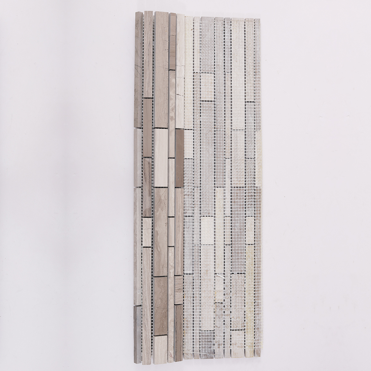Backside of Wood Marble Linear Strips Mosaic Tile with Mesh Backing