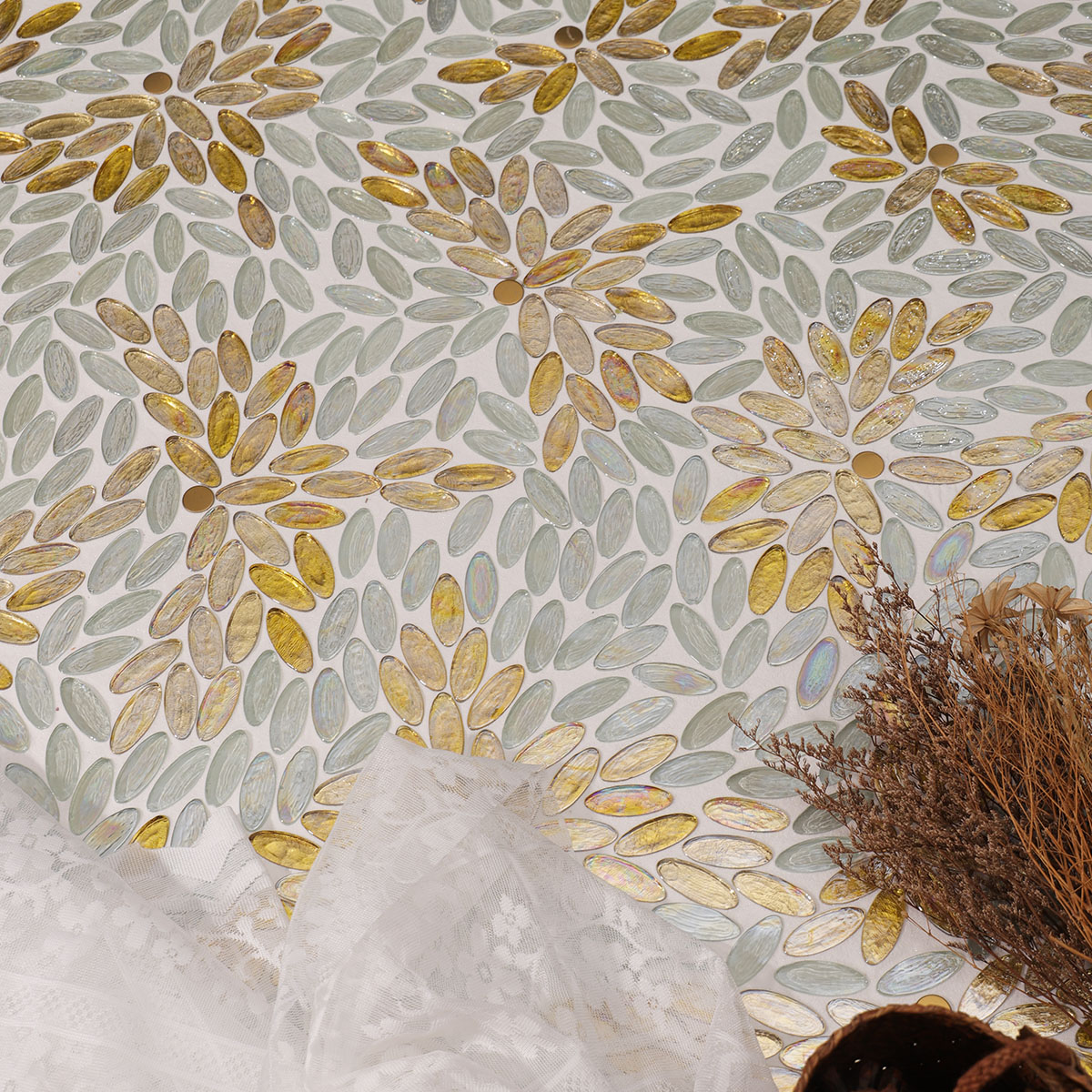 Elegant Floor Design with White and Gold Petal Pattern Mosaic Tile