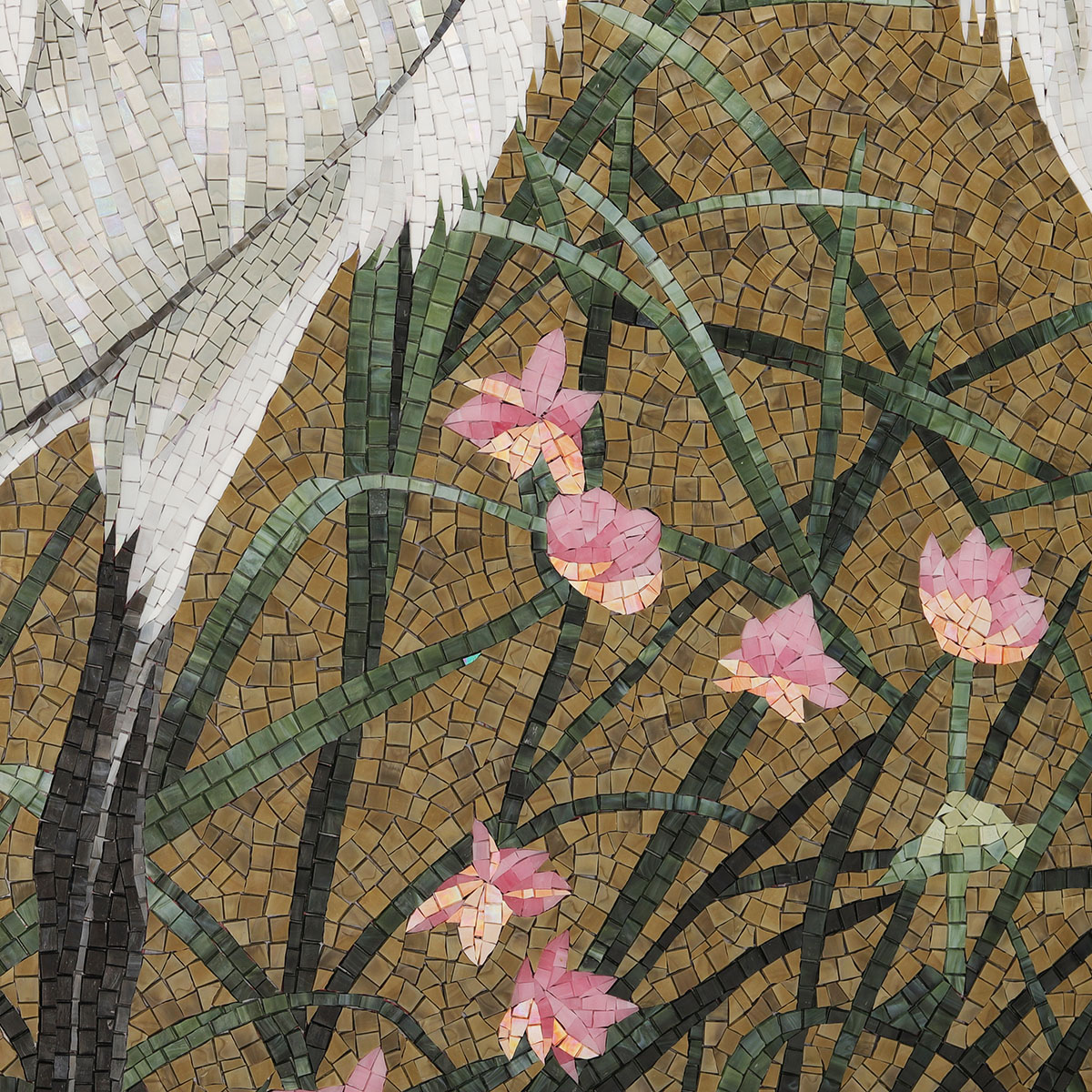 Close-up of Glass Tile Textures in White Crane Mosaic Mural