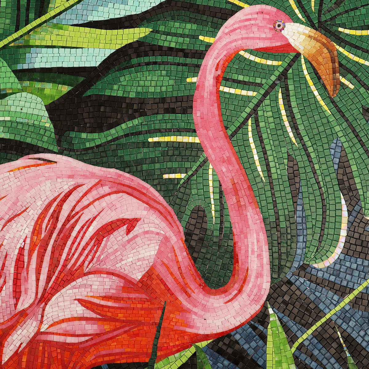 Close-up of Flamingo Design in Glass Mosaic Art Tile