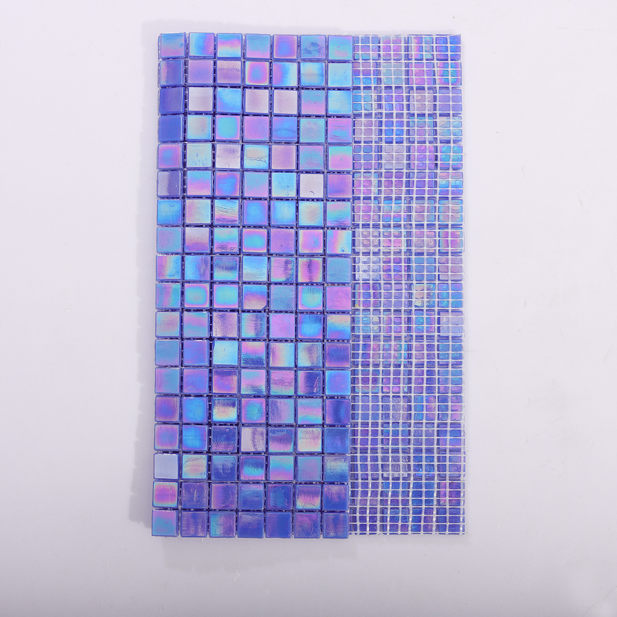 Backside of Reactive Blue Iridescent Mosaic Tile with Mesh Backing