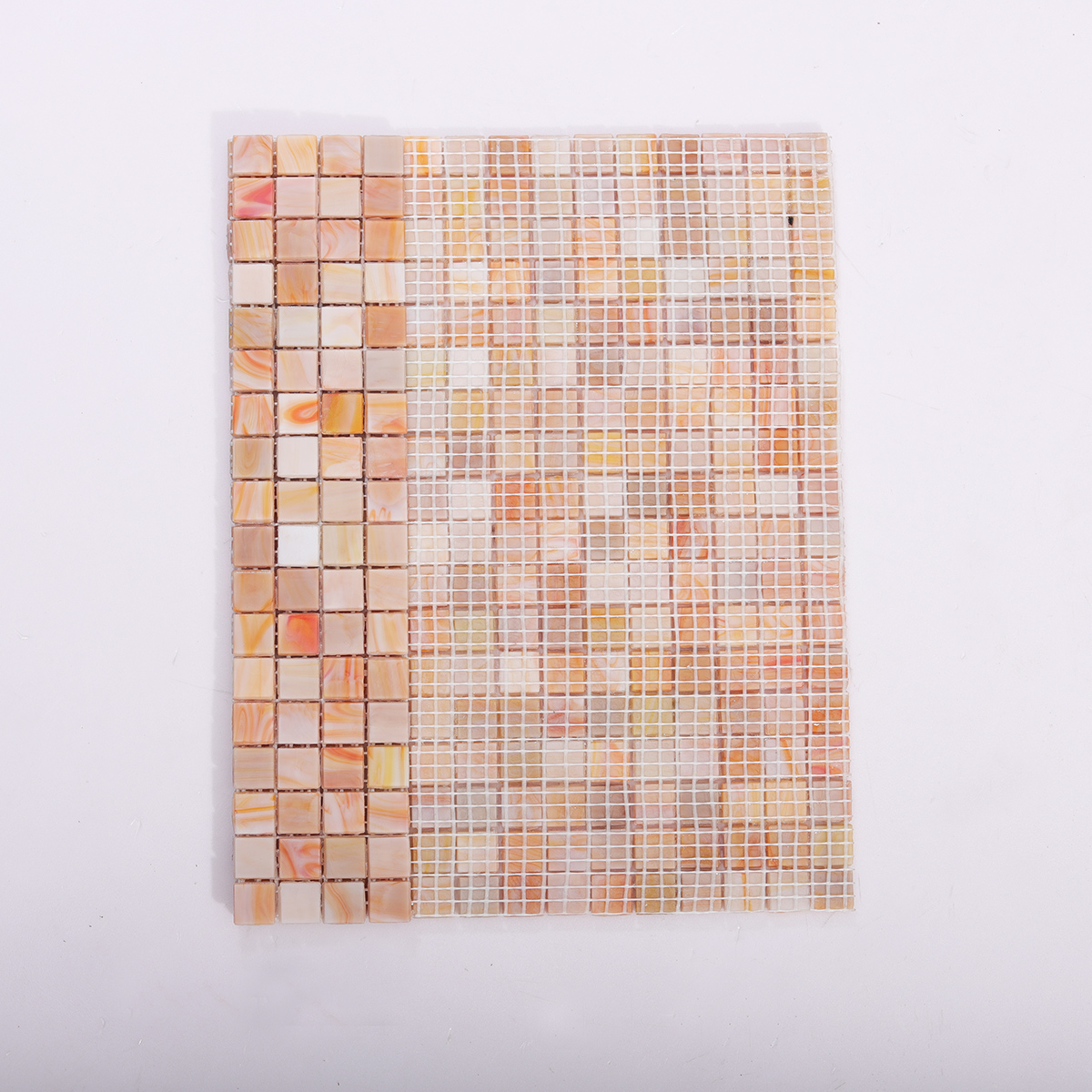 Backside of Light Orange Glass Mosaic Tile with Mesh Backing