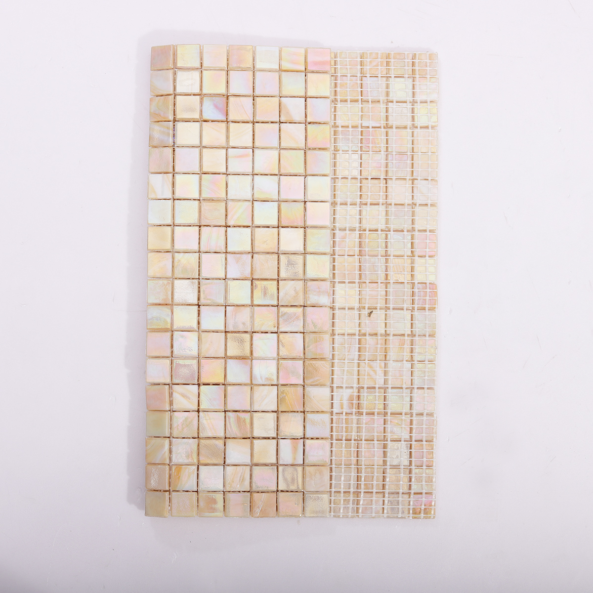 Backside of Cream Beige Pearlescent Mosaic Tile with Mesh Backing