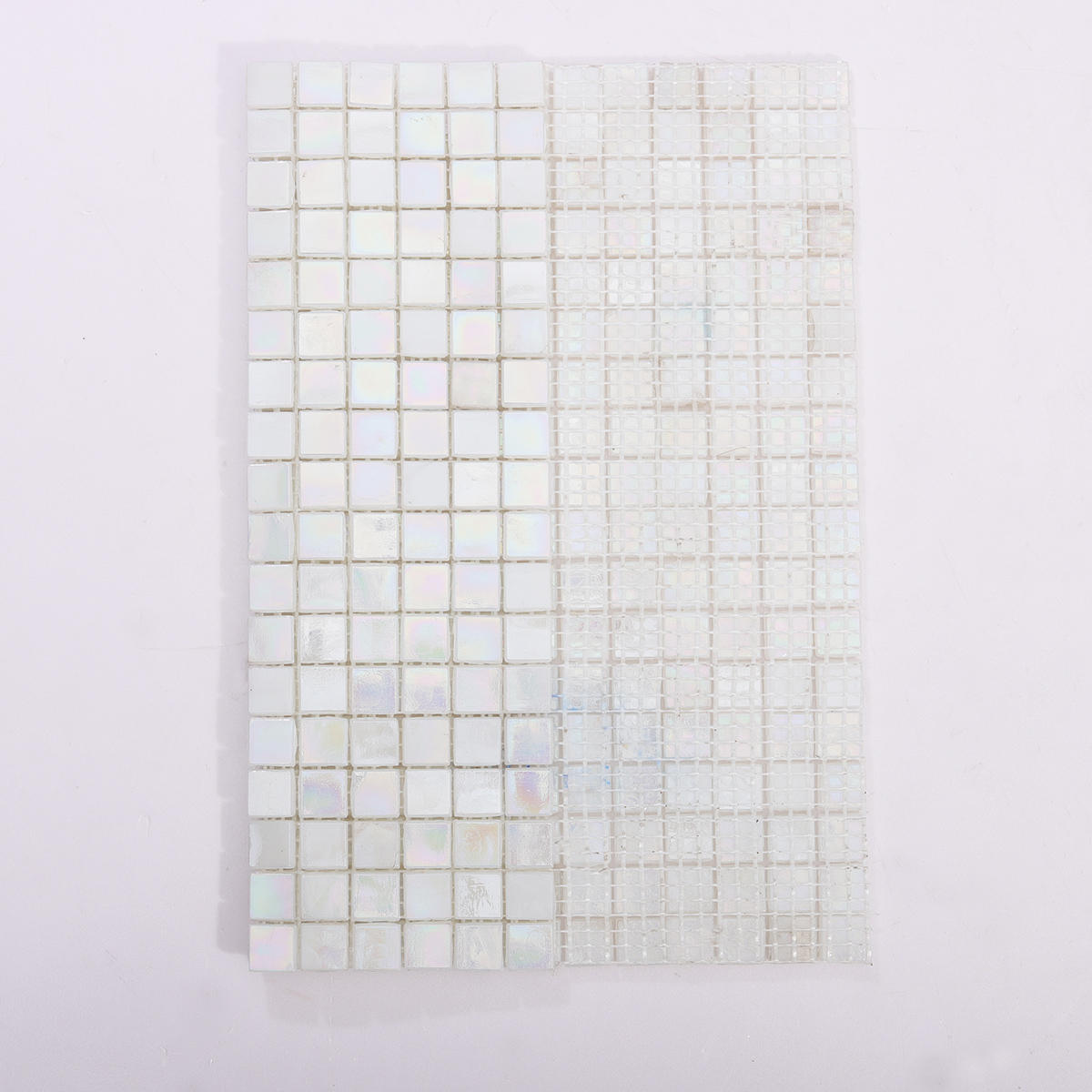 Back View of White Iridescent Glass Mosaic Tile with Mesh Backing