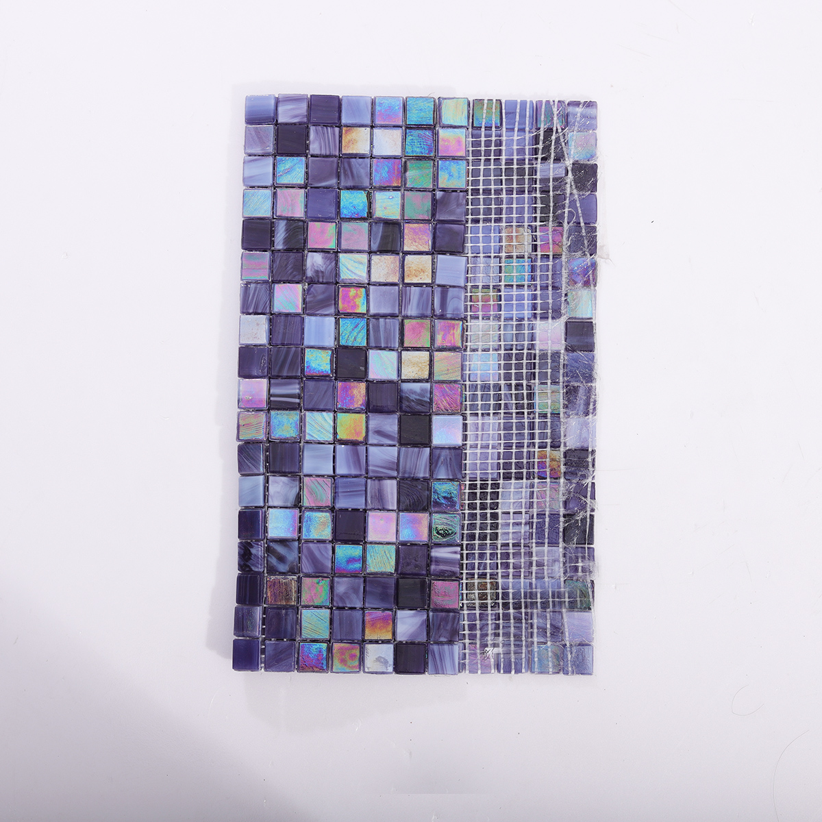 Back View of Violet Iridescent Purple Glass Mosaic Tiles with Mesh Backing