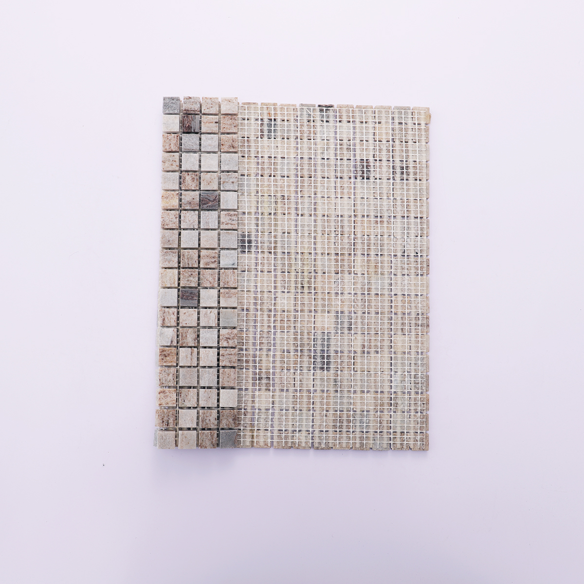 Back view with mesh backing of gray wooden square honed marble tiles.