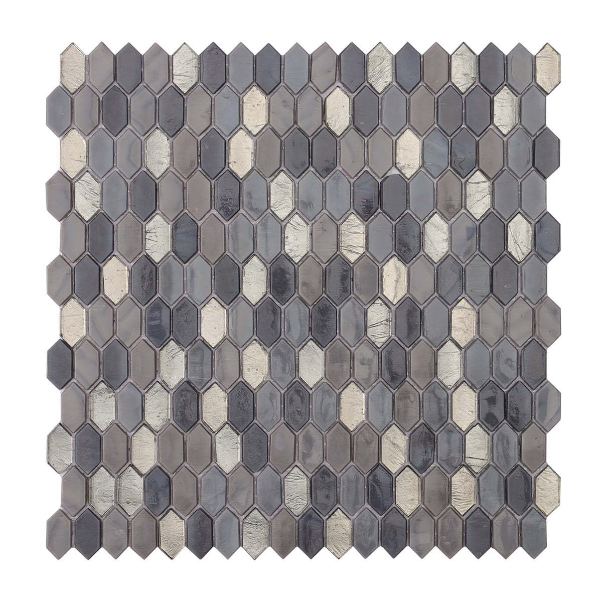 Mosaic tiles in gray and metallic tones on a mesh backing