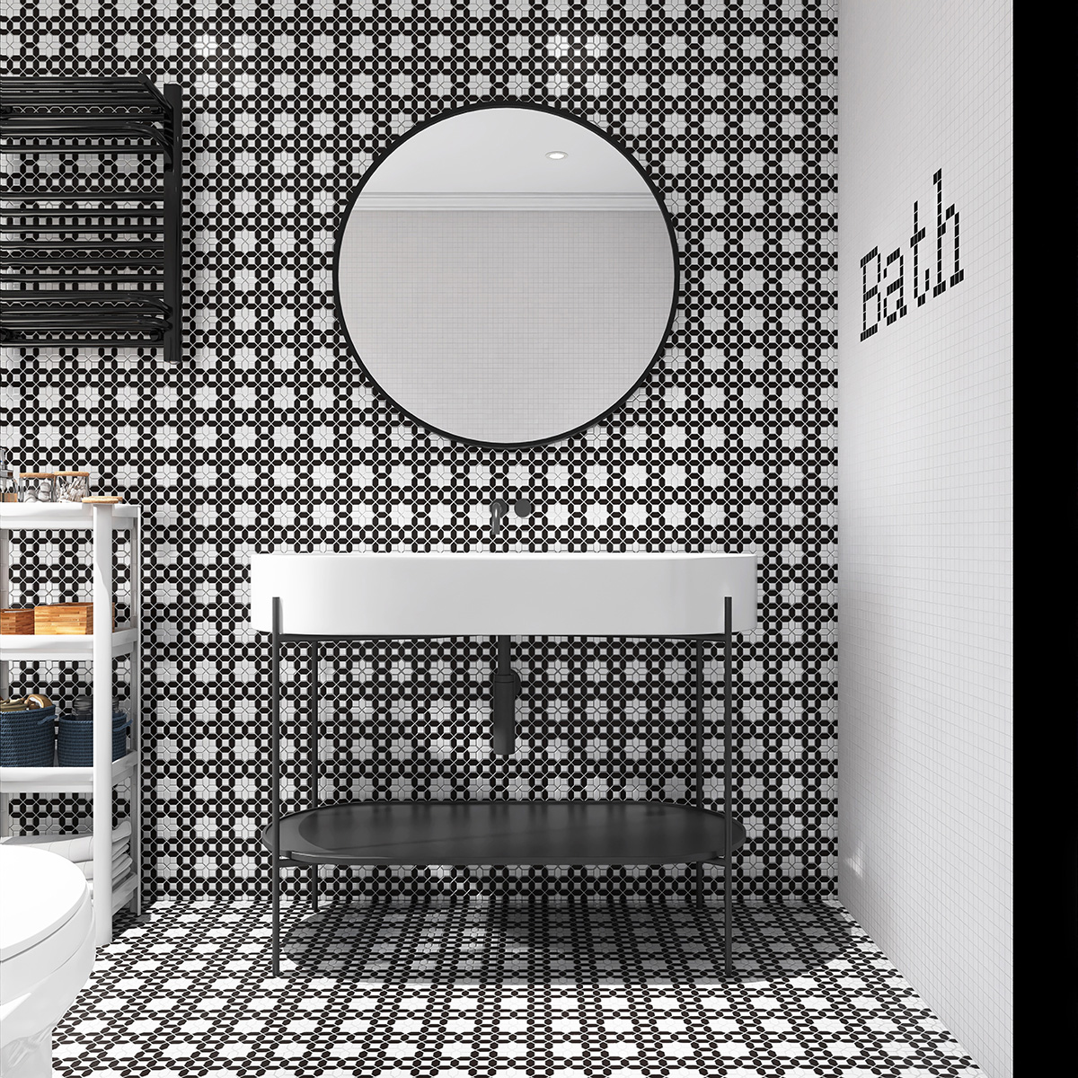 Black and White Basket Weave Mosaic Tiles in Bathroom 