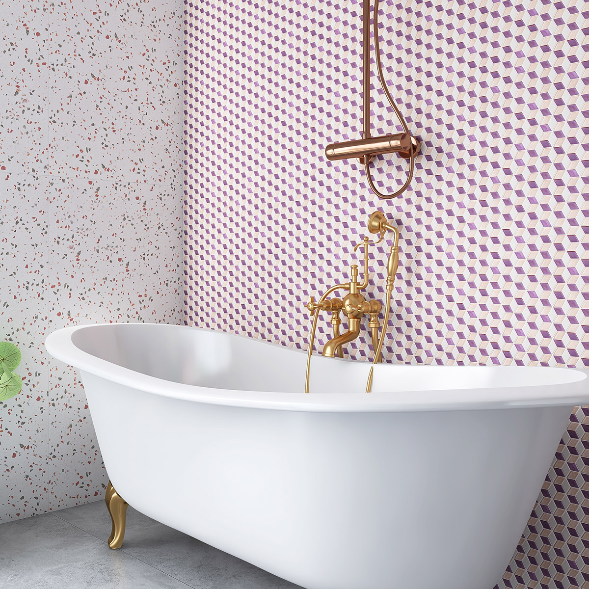 Pink and purple diamond-shaped glass mosaic tiles on bathroom wall, with a white bathtub.