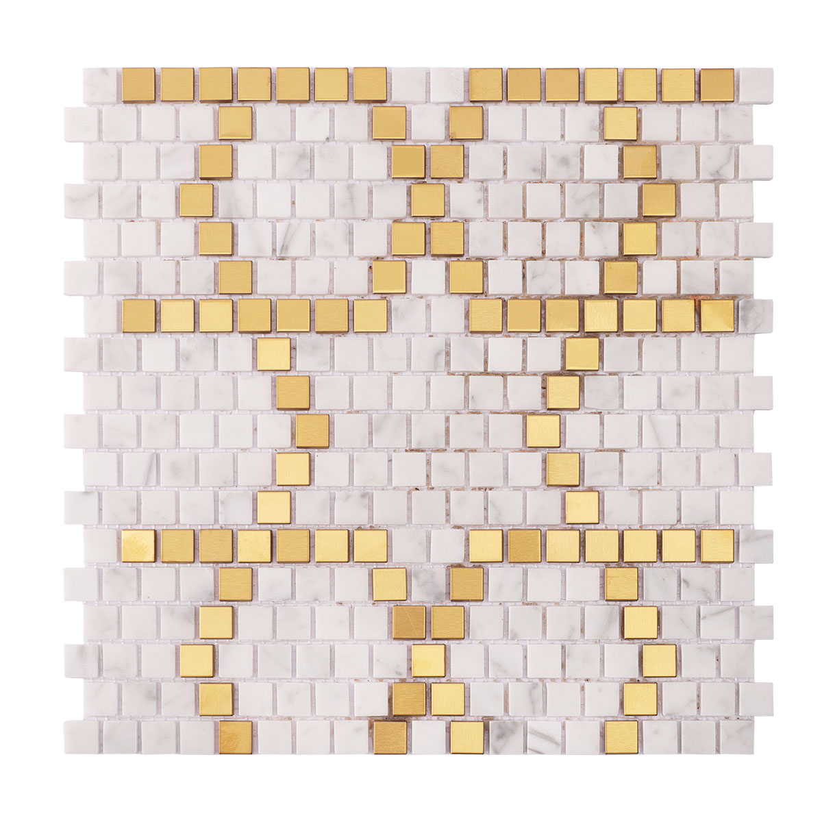 Front side of metal and white marble pixel art mosaic tiles