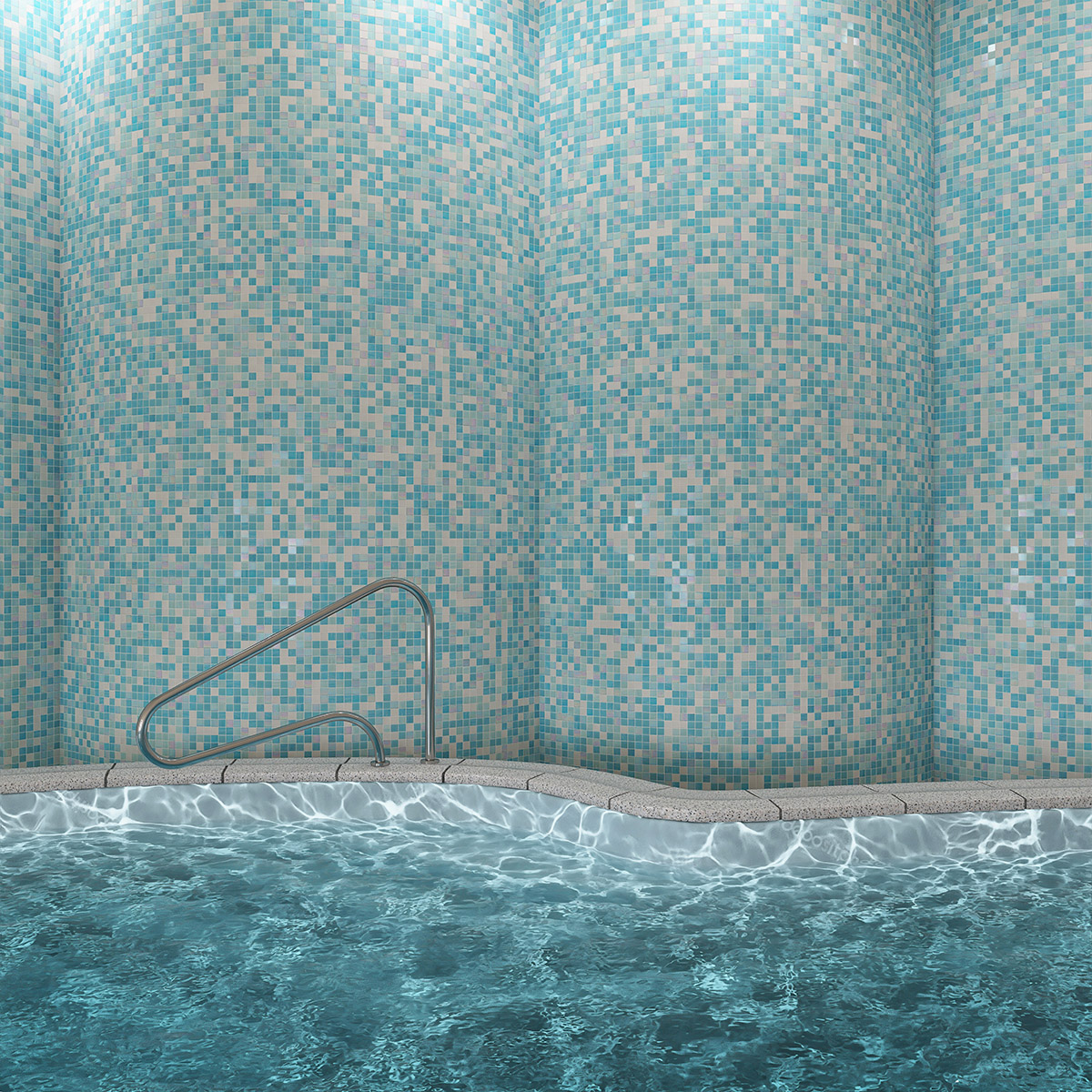 Glossy aqua blue glass mosaic wall tiles surrounding indoor swimming pool