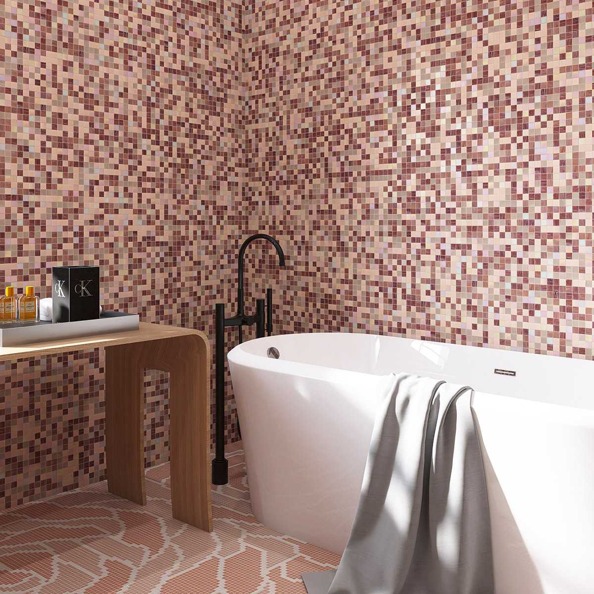 Bathroom scene with purple and pale pink uniform square glass mosaic tiles on walls and a bathtub