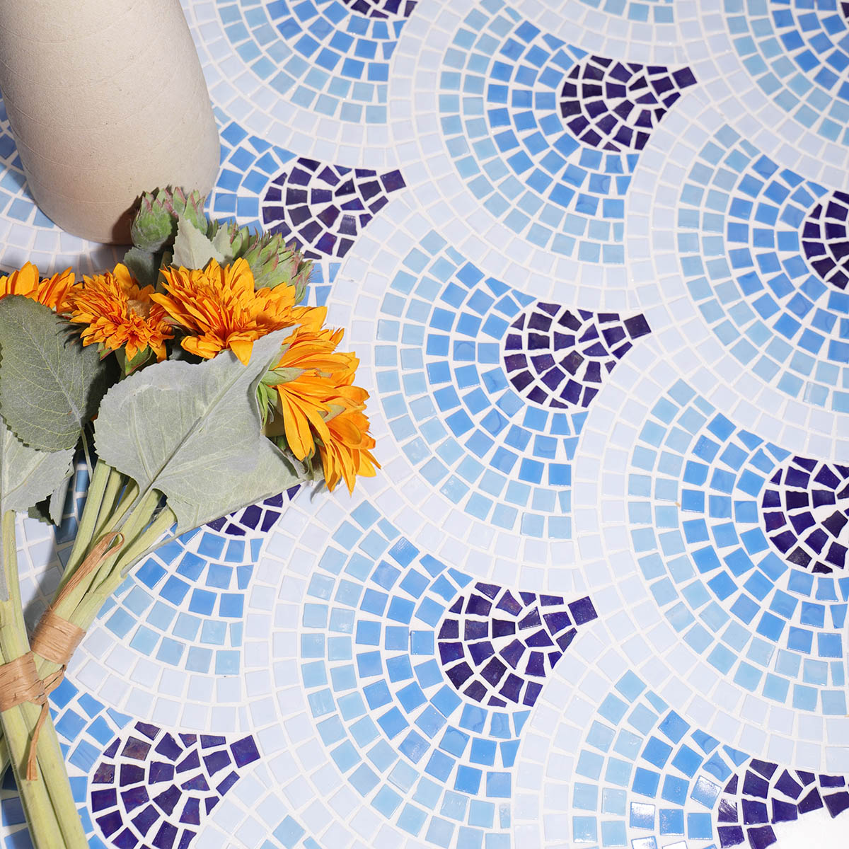 Floor scene with blue scale glass mosaics with cutting art