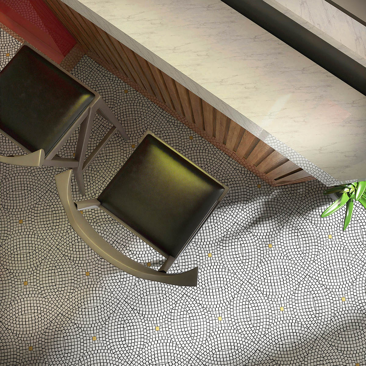 Scene featuring white glass mosaics with hand-cutting art on the floor