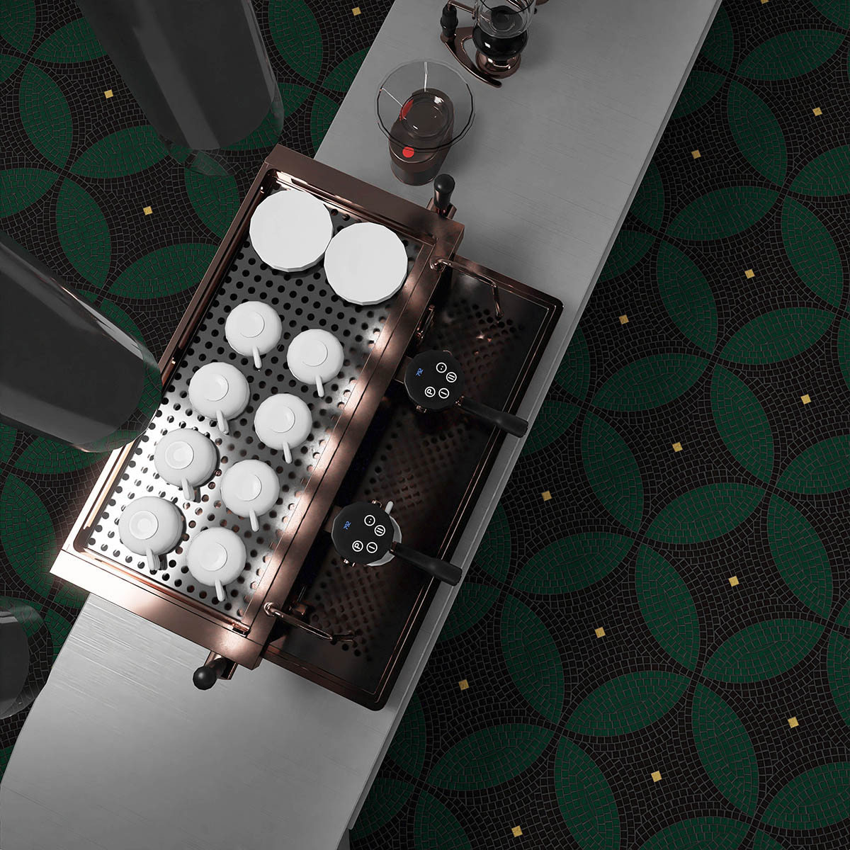 Hall with glass mosaic tiles with hand-cut art patterns on the floor