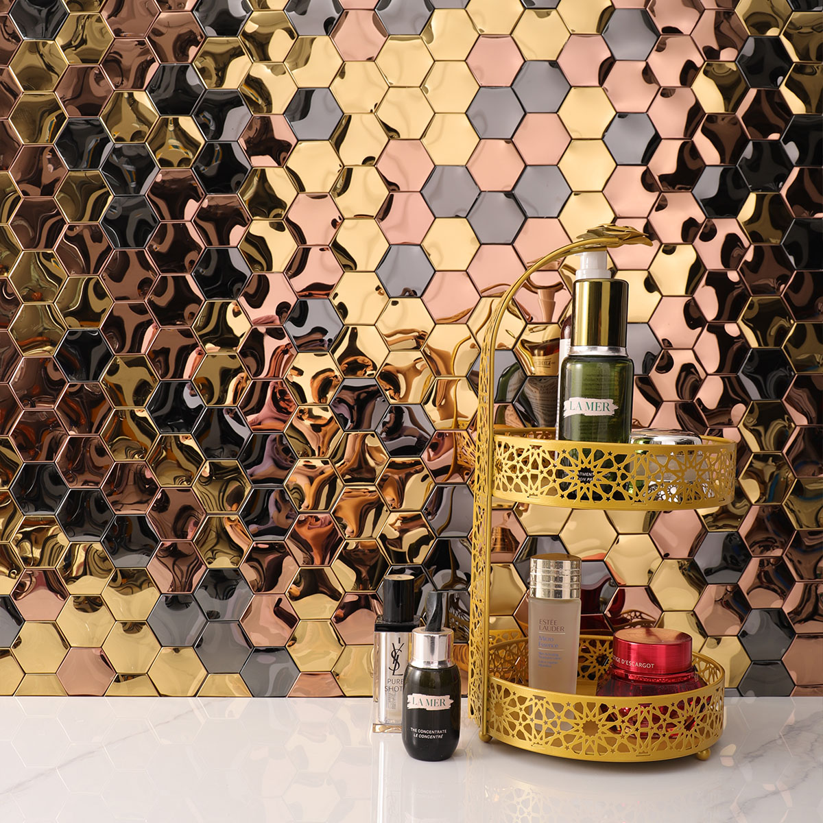 3D Mirror Black and Gold Hexagon Stainless Steel Mosaic Tiles-SAICINA TILES
