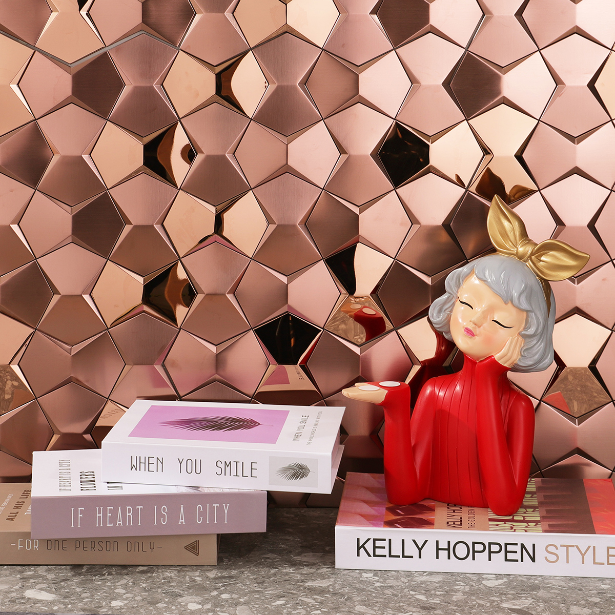 Rose gold 3D metal mosaic tiles on a decorative wall