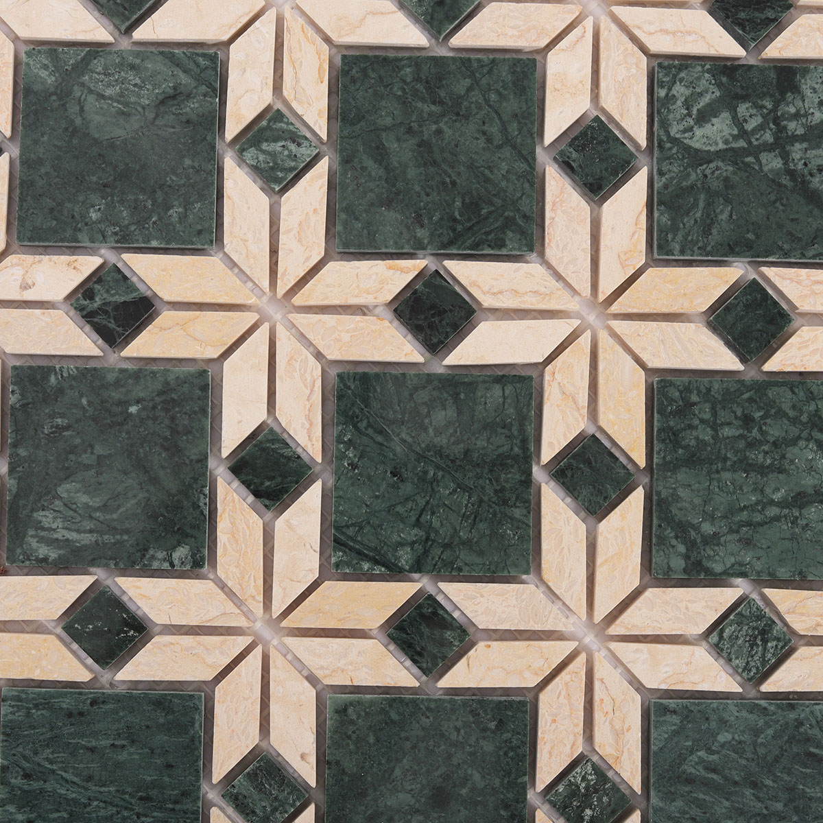Close-up view of Polished Green Floral marble mosaic tiles